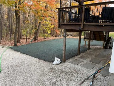 Reliable landscaper near Derry NH for residential French drain installation and lawn renovation with hydroseeding.